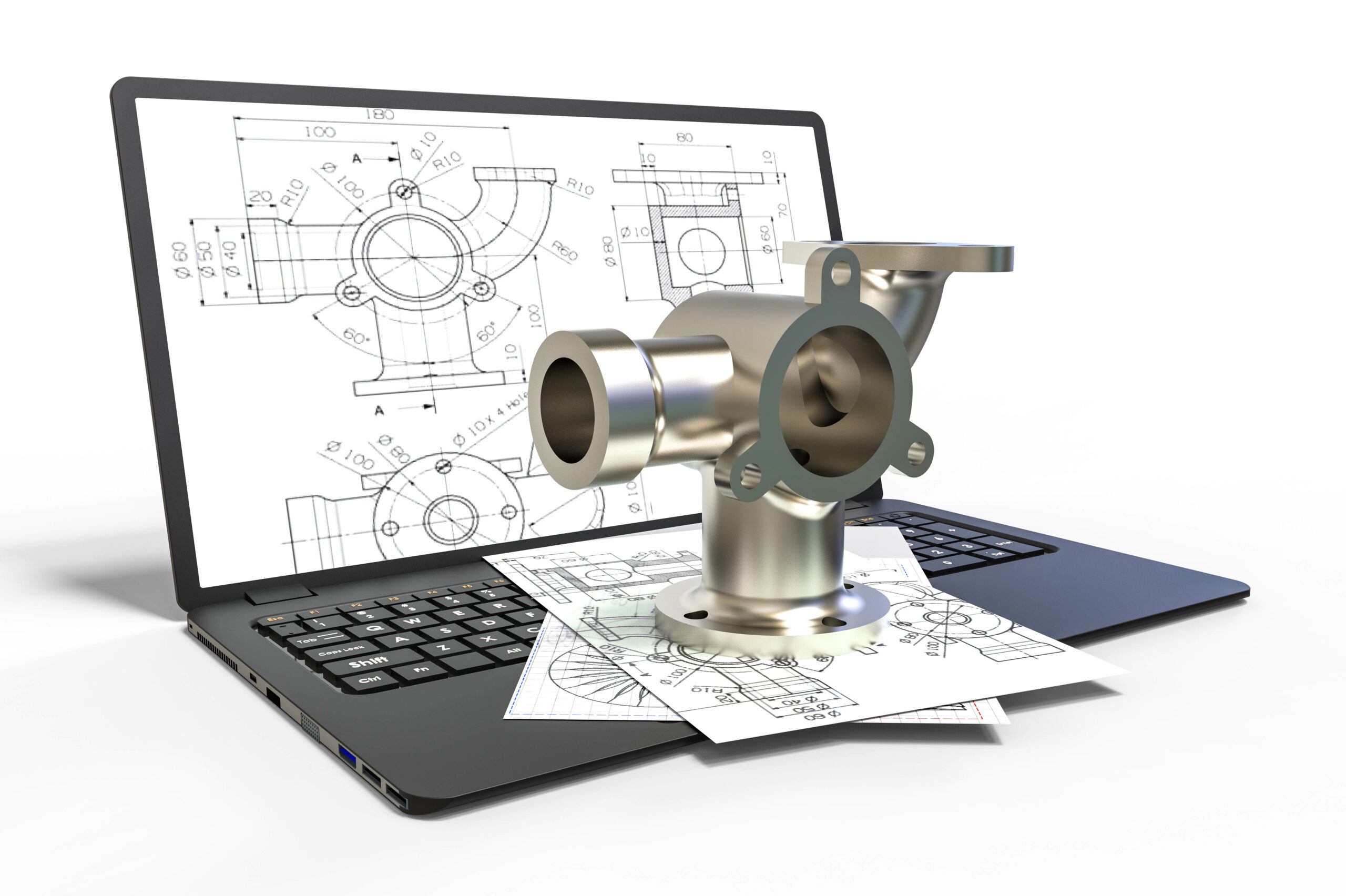 3D CAD design of a mechanical part on screen