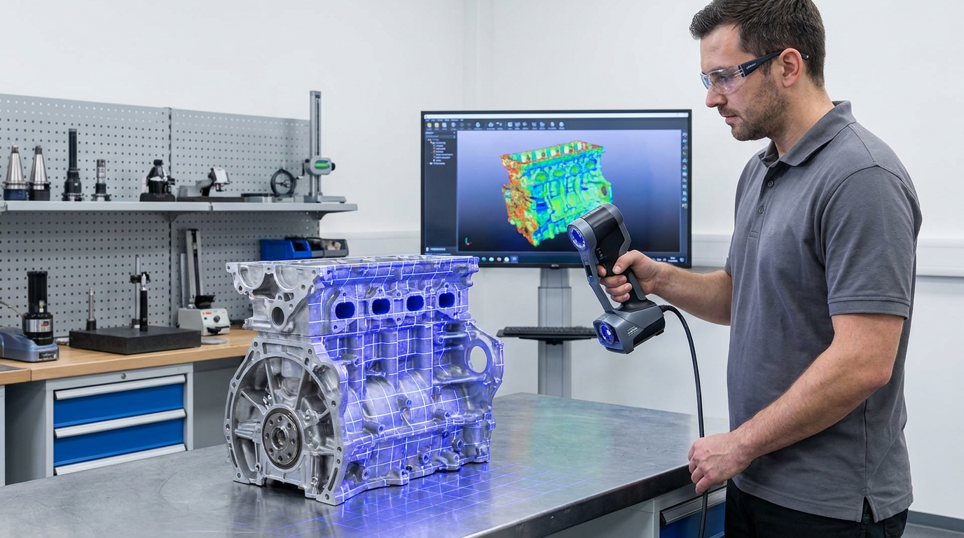 Technician 3D scanning a metal part with a handheld structured light scanner