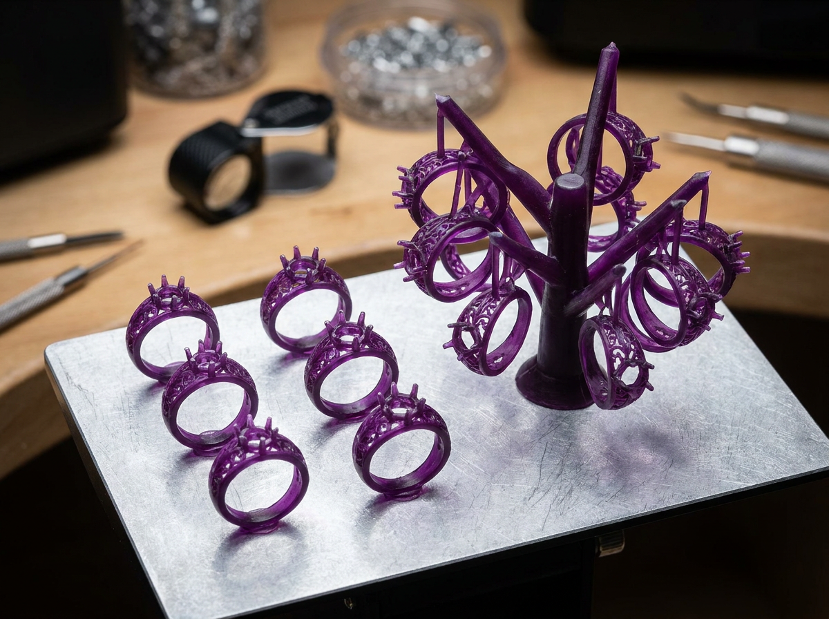 Castable wax 3D printed ring patterns and casting tree for lost-wax jewelry casting