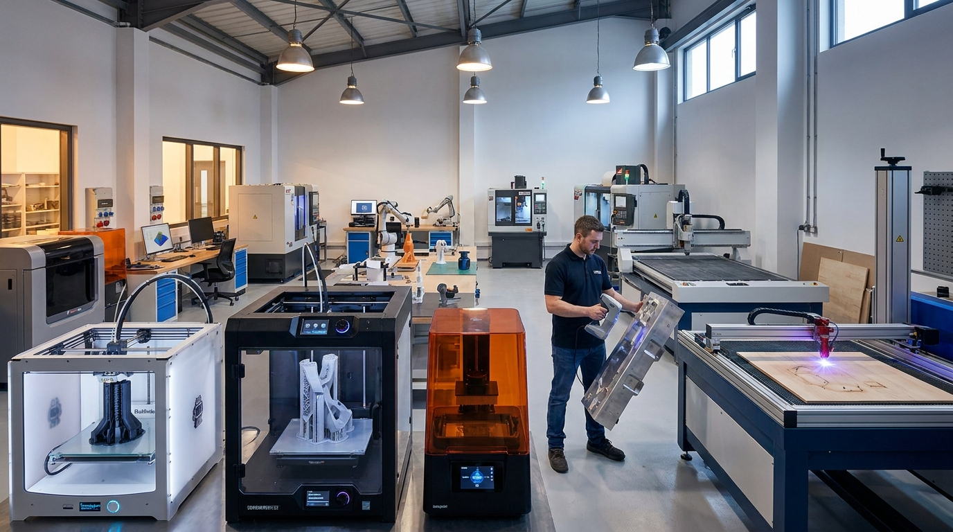 eCadCam 3D fabrication studio with 3D printers, scanner, and laser machine