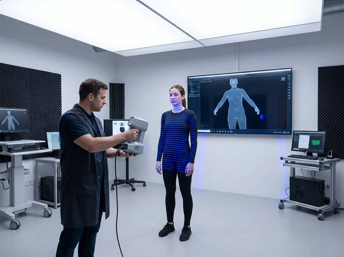 Technician 3D scanning a person with a handheld full-body scanner