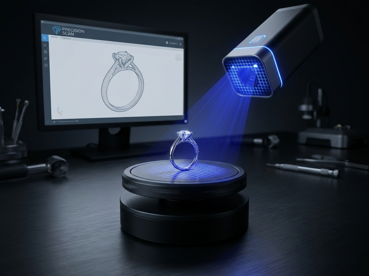 Diamond ring being 3D scanned with structured light on a precision jewelry scanner