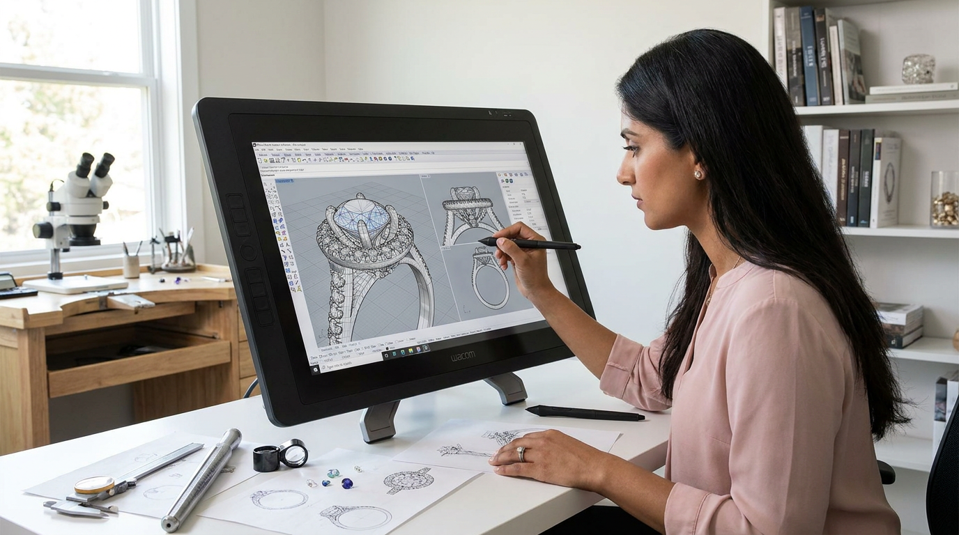 Jewelry designer creating a 3D CAD model of a diamond halo engagement ring
