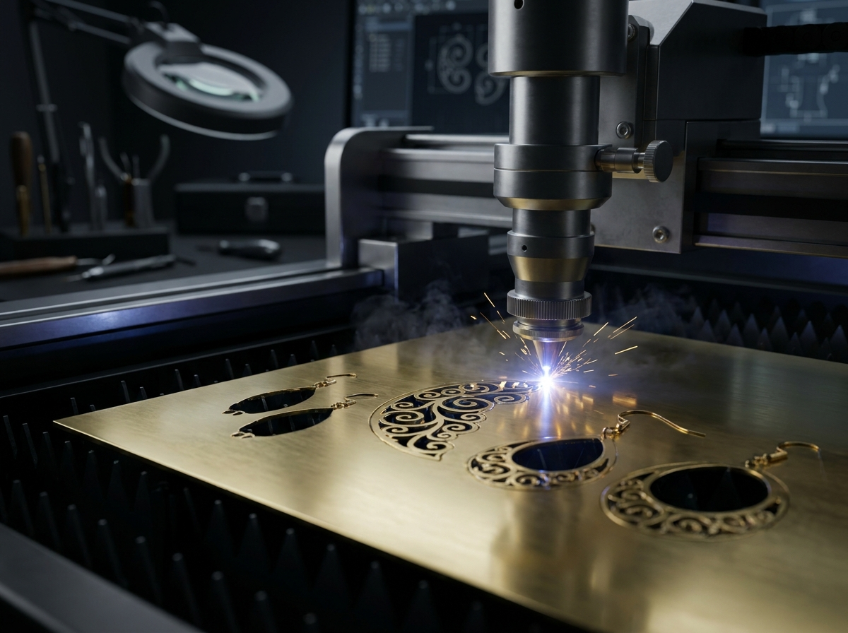 Laser cutting an intricate filigree pattern into brass sheet for jewelry