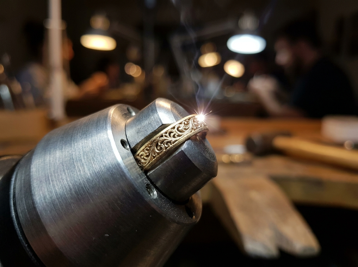 Fiber laser engraving an intricate pattern onto a gold ring
