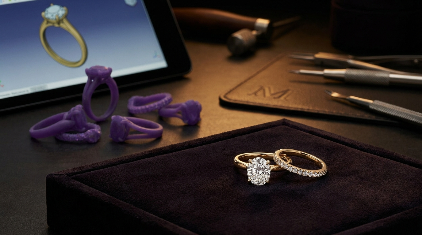 Custom gold and diamond rings with castable wax patterns and 3D CAD ring model