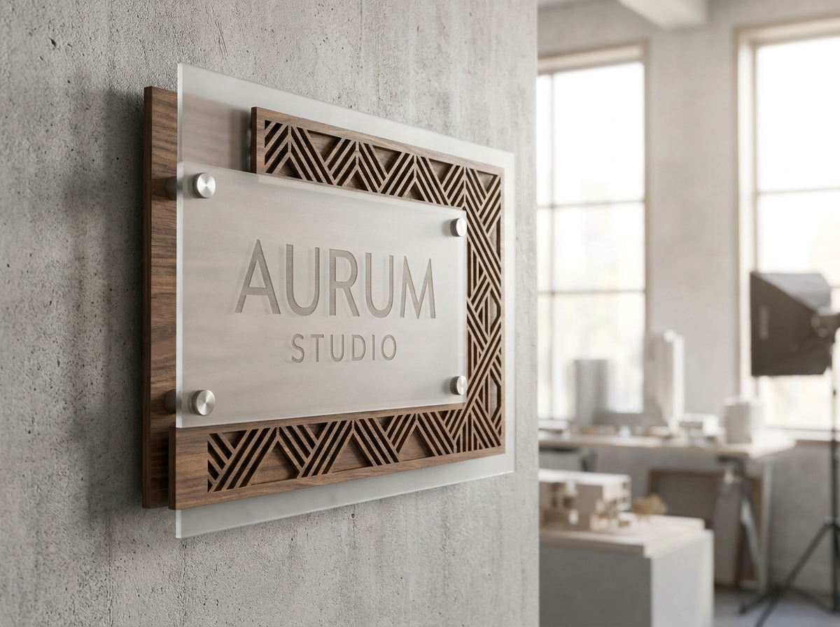 Custom laser cut acrylic business sign and engraved wooden panel
