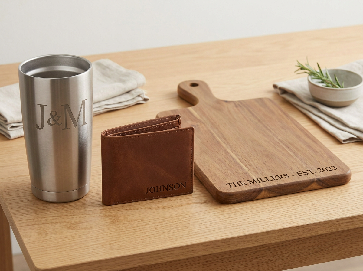 Laser engraved stainless steel tumbler, leather wallet, and wooden cutting board