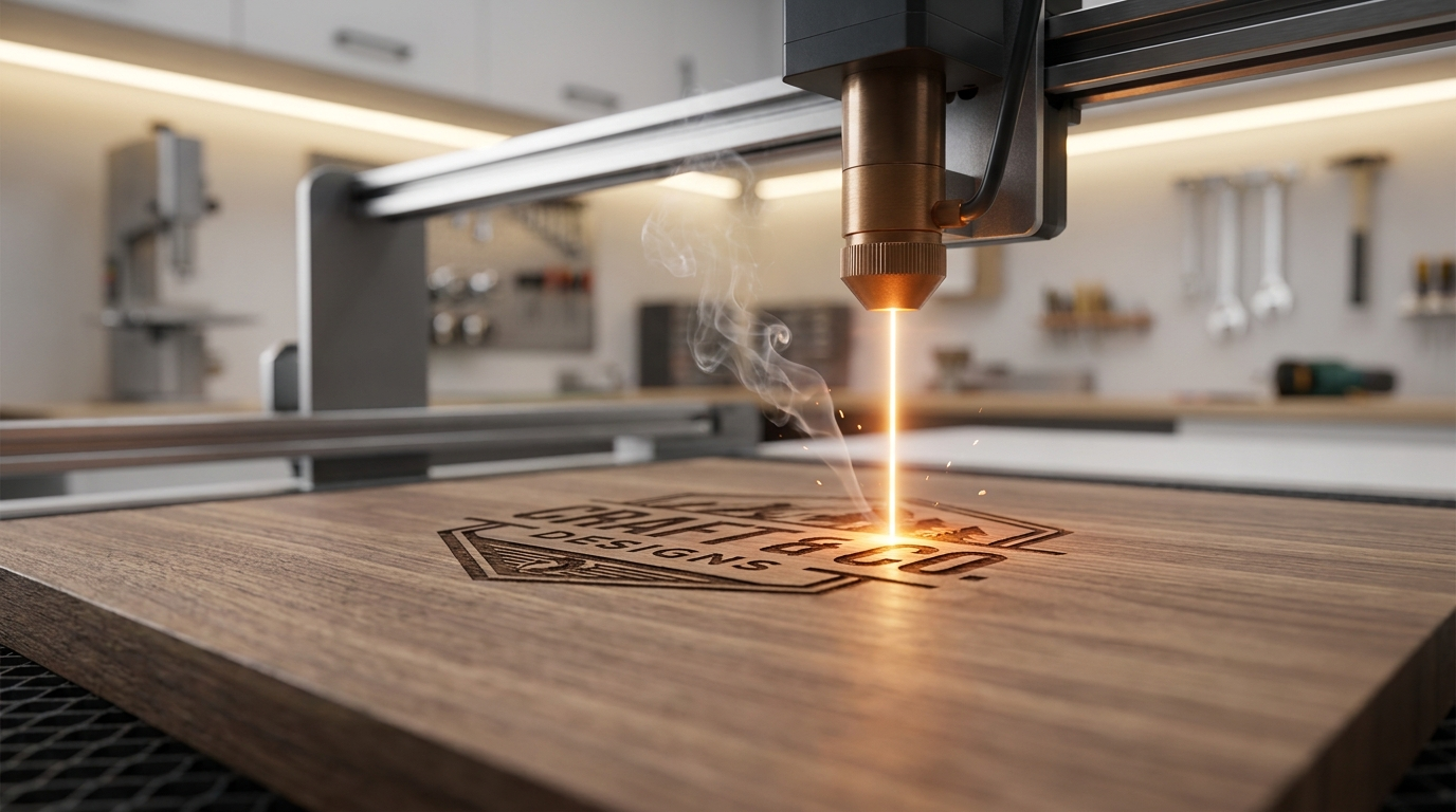 Laser engraving machine engraving a custom logo onto a wood plaque