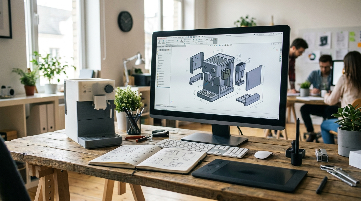 Product designer workstation with 3D CAD model, concept sketches, and 3D printed prototype