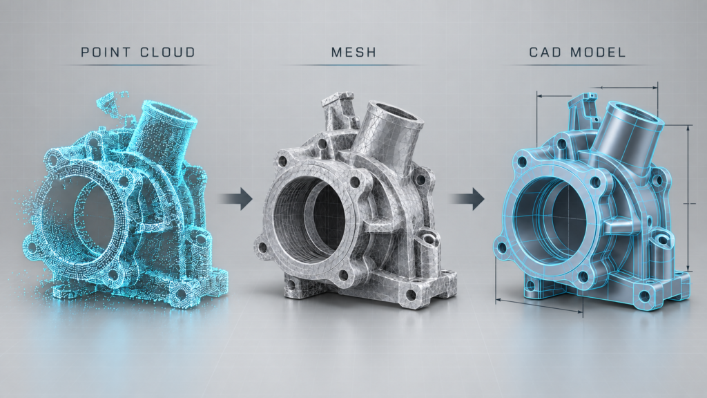 3D scanning file formats compared: point cloud, mesh, and CAD model of the same machined part